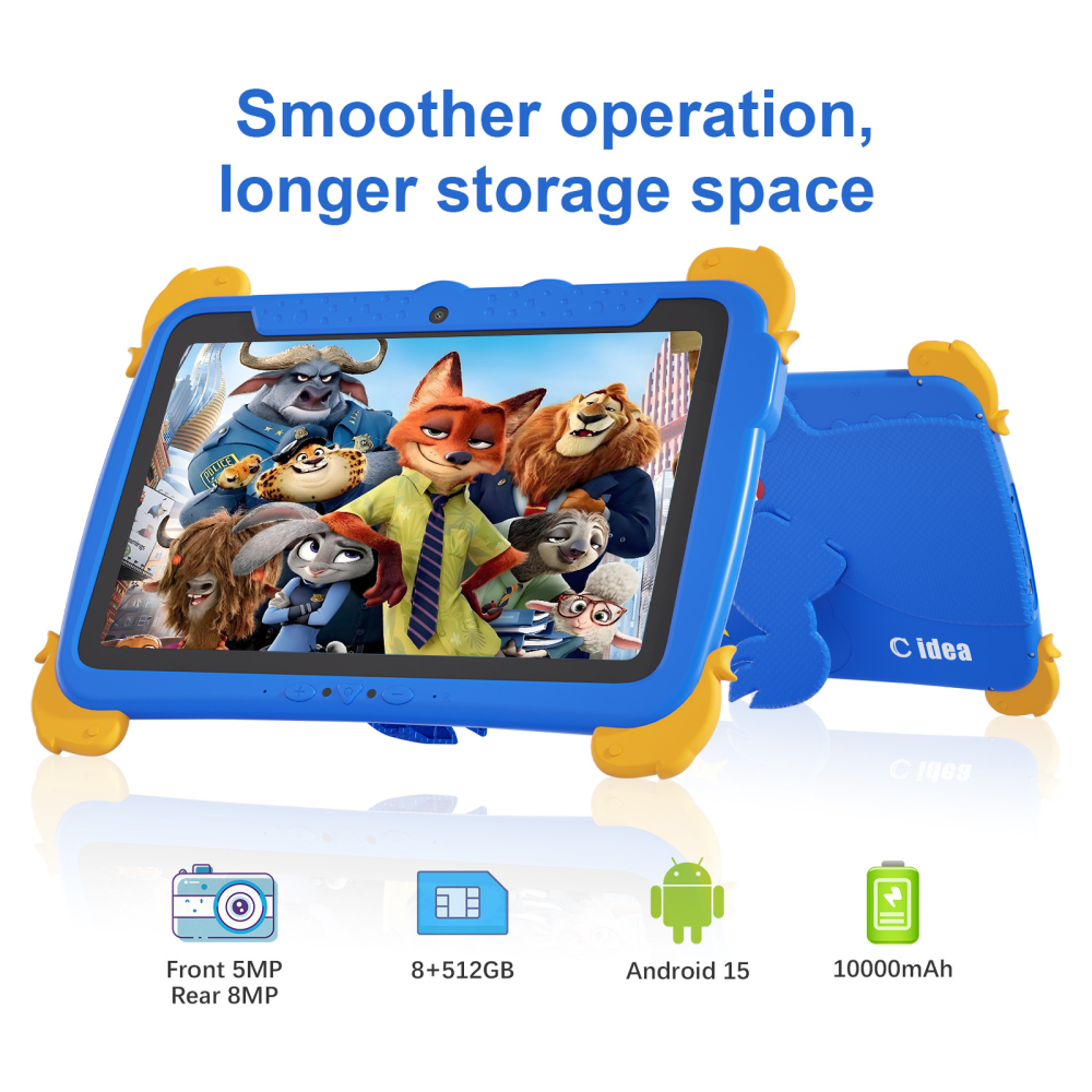 Tableta educationala pentru copii ZYTEQ®️ 10.1 inch, Android, 8GB RAM + 512GB, 5G, control parental, camera duala, carcasa rezistenta, ecran tactil HD, WiFi, Bluetooth, husal, albastra [2]