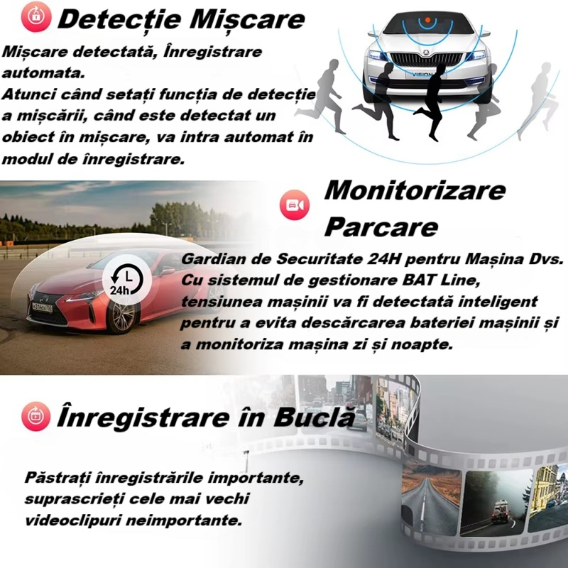 Camera video de bord auto S16 Full HD 1080P, WDR, 170°, 3 lentile, Wi-Fi, ecran IPS de 2 inch, filmare zi si noapte, inregistrare in bucla, Night Vision, detectare miscare, parcare asistata, neagra [19]
