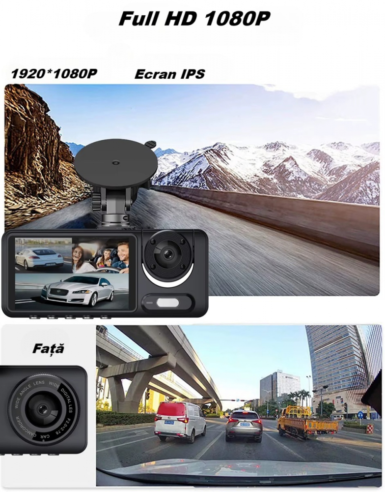 Camera video de bord auto S16 Full HD 1080P, WDR, 170°, 3 lentile, Wi-Fi, ecran IPS de 2 inch, filmare zi si noapte, inregistrare in bucla, Night Vision, detectare miscare, parcare asistata, neagra [14]