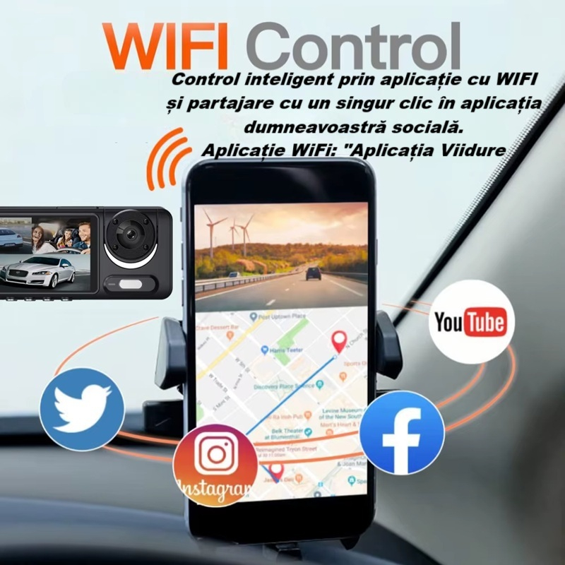 Camera video de bord auto S16 Full HD 1080P, WDR, 170°, 3 lentile, Wi-Fi, ecran IPS de 2 inch, filmare zi si noapte, inregistrare in bucla, Night Vision, detectare miscare, parcare asistata, neagra [17]