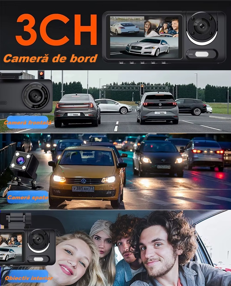 Camera video de bord auto S16 Full HD 1080P, WDR, 170°, 3 lentile, Wi-Fi, ecran IPS de 2 inch, filmare zi si noapte, inregistrare in bucla, Night Vision, detectare miscare, parcare asistata, neagra [13]