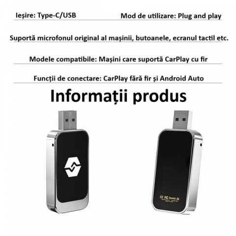 Adaptor wireless CarPlay & Android Auto 2-in-1 Q1BZ , compatibil cu Apple iOS 10+ si Android 11+, WiFi 5GHz, Plug-and-Play, compact si usor, transmisie stabila, conexiune Bluetooth, negru [5]