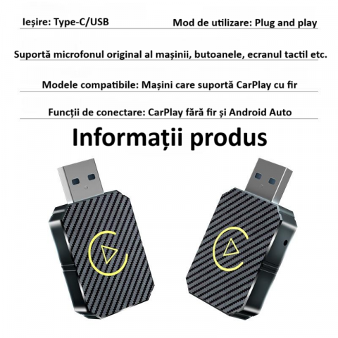 Adaptor wireless CarPlay & Android Auto 2-in-1 Q1M, compatibil cu Apple iOS 10+ si Android 11+, WiFi 5GHz, Plug-and-Play, compact si usor, transmisie stabila, conexiune Bluetooth, gri carbon [4]