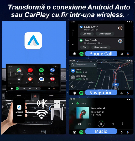Adaptor wireless CarPlay & Android Auto 2-in-1 KM3, compatibil cu Apple iOS 10+ si Android 11+, WiFi 5GHz, Plug-and-Play, compact si usor, transmisie stabila, conexiune Bluetooth, negru [6]