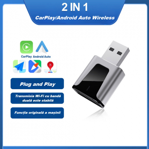 Adaptor wireless CarPlay & Android Auto 2-in-1 KM3, compatibil cu Apple iOS 10+ si Android 11+, WiFi 5GHz, Plug-and-Play, compact si usor, transmisie stabila, conexiune Bluetooth, negru [2]