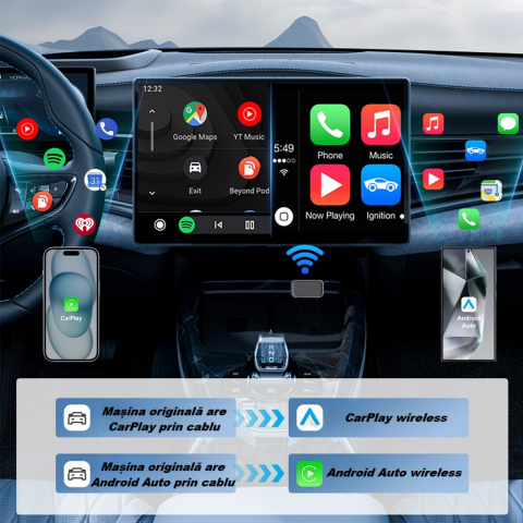 Adaptor wireless CarPlay & Android Auto 2-in-1 KM3, compatibil cu Apple iOS 10+ si Android 11+, WiFi 5GHz, Plug-and-Play, compact si usor, transmisie stabila, conexiune Bluetooth, negru [17]