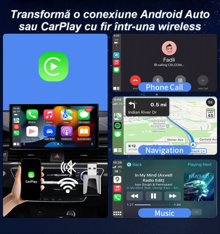 Adaptor wireless CarPlay & Android Auto 2-in-1 KM3, compatibil cu Apple iOS 10+ si Android 11+, WiFi 5GHz, Plug-and-Play, compact si usor, transmisie stabila, conexiune Bluetooth, negru [5]