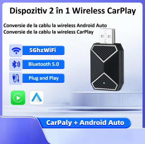 Adaptor wireless CarPlay & Android Auto 2-in-1 C11, compatibil cu Apple iOS 10+ si Android 11+, WiFi 5GHz, Plug-and-Play, compact si usor, transmisie stabila, conexiune Bluetooth, negru [5]