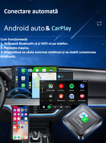 Adaptor wireless CarPlay & Android Auto 2-in-1 Q1S, compatibil cu Apple iOS 10+ si Android 11+, WiFi 5GHz, Plug-and-Play, compact si usor, transmisie stabila, conexiune Bluetooth, gri [10]