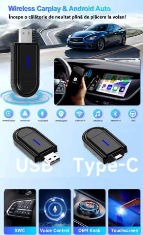 Adaptor wireless CarPlay & Android Auto 2-in-1 PL6, compatibil cu Apple iOS 10+ si Android 11+, WiFi 5GHz, Plug-and-Play, compact si usor, transmisie stabila, conexiune Bluetooth, negru [21]