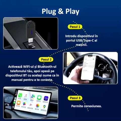 Adaptor wireless CarPlay & Android Auto 2-in-1 PL6, compatibil cu Apple iOS 10+ si Android 11+, WiFi 5GHz, Plug-and-Play, compact si usor, transmisie stabila, conexiune Bluetooth, negru [16]