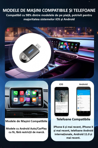 Adaptor wireless CarPlay & Android Auto 2-in-1 PL6, compatibil cu Apple iOS 10+ si Android 11+, WiFi 5GHz, Plug-and-Play, compact si usor, transmisie stabila, conexiune Bluetooth, negru [9]