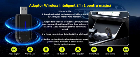 Adaptor wireless CarPlay & Android Auto 2-in-1 PL6, compatibil cu Apple iOS 10+ si Android 11+, WiFi 5GHz, Plug-and-Play, compact si usor, transmisie stabila, conexiune Bluetooth, negru [18]