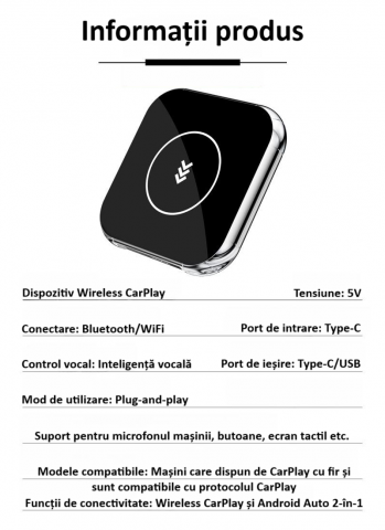 Adaptor wireless CarPlay & Android Auto 2-in-1 Q1BM, compatibil cu Apple iOS 10+ si Android 11+, WiFi 5GHz, Plug-and-Play, compact si usor, transmisie stabila, conexiune Bluetooth, negru [5]
