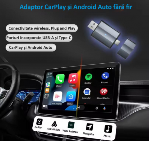 Adaptor wireless CarPlay & Android Auto 2-in-1 PL2, compatibil cu Apple iOS 10+ si Android 11+, WiFi 5GHz, Plug-and-Play, compact si usor, transmisie stabila, conexiune Bluetooth, gri [4]