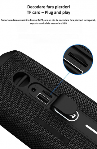 Boxa portabila Bluetooth, Wireless, cu rezistenta la apa, fara fir, sunet puternic si clar, design modern, hands-free, suport radio FM, USB/SD/TF card, Aux-in, compatibilitate universala, neagra [7]