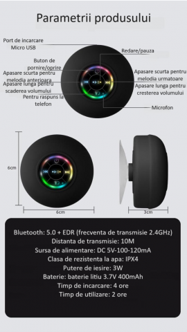 Boxa portabila ZYTEQ®️, difuzor Bluetooth cu LED, wireless, impermeabila, cu ventuza pentru baie, rezistenta la apa IPX4, Bluetooth 5.0, neagra [14]