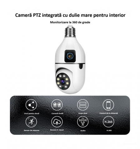 Camera de supraveghere duala Full HD 1080P, WiFi bulb PTZ dual-lens, panoramica, wireless, E27, rotatie 360°, senzor de miscare, leduri, lumina, infrarosu, aplicatie telefon, viziune nocturna, alba [12]