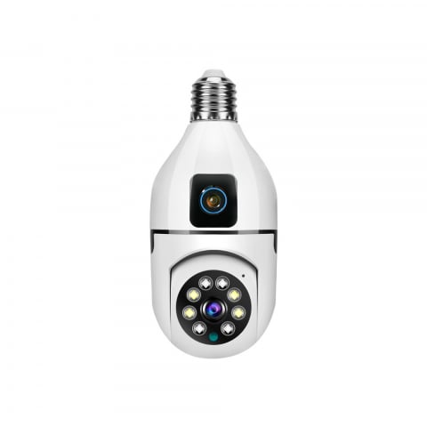 CASA - Camera de supraveghere duala Full HD 1080P, WiFi bulb PTZ dual-lens, panoramica, wireless, E27, rotatie 360°, senzor de miscare, leduri, lumina, infrarosu, aplicatie telefon, viziune nocturna, alba