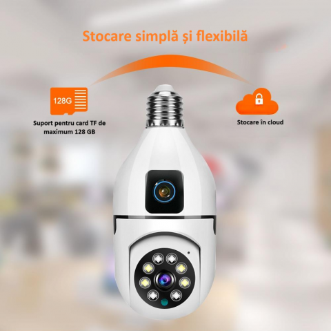 Camera de supraveghere duala Full HD 1080P, WiFi bulb PTZ dual-lens, panoramica, wireless, E27, rotatie 360°, senzor de miscare, leduri, lumina, infrarosu, aplicatie telefon, viziune nocturna, alba [6]