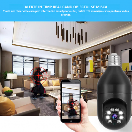 Camera de supraveghere Full HD 1080P 2.4G/5G WiFi PTZ E27, wireless, 4x zoom digital, rotatie 360°, senzor de miscare, aplicatie telefon, viziune nocturna, comunicare bidirectionala, neagra [6]