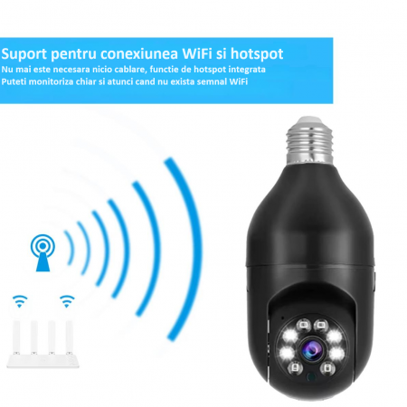 Camera de supraveghere Full HD 1080P 2.4G/5G WiFi PTZ E27, wireless, 4x zoom digital, rotatie 360°, senzor de miscare, aplicatie telefon, viziune nocturna, comunicare bidirectionala, neagra [4]