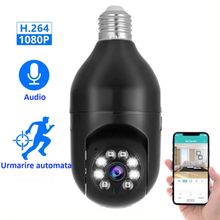 Camera de supraveghere Full HD 1080P 2.4G/5G WiFi PTZ E27, wireless, 4x zoom digital, rotatie 360°, senzor de miscare, aplicatie telefon, viziune nocturna, comunicare bidirectionala, neagra [5]