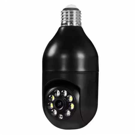 CASA - Camera de supraveghere Full HD 1080P 2.4G/5G WiFi PTZ E27, wireless, 4x zoom digital, rotatie 360°, senzor de miscare, aplicatie telefon, viziune nocturna, comunicare bidirectionala, neagra