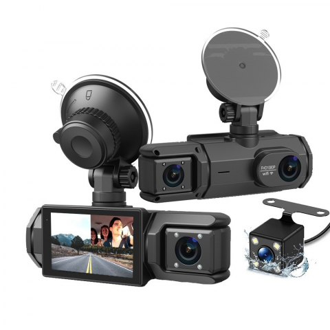 VIDEO - Camera video de bord auto S2 Full HD 1080P, WDR, 150°, 3 lentile, Wi-Fi, ecran IPS de 2 inch, filmare zi si noapte, inregistrare in bucla, Night Vision, detectare miscare, parcare asistata, neagra