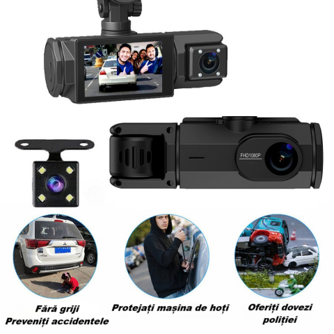 Camera video de bord auto S2 Full HD 1080P, WDR, 150°, 3 lentile, Wi-Fi, ecran IPS de 2 inch, filmare zi si noapte, inregistrare in bucla, Night Vision, detectare miscare, parcare asistata, neagra [10]