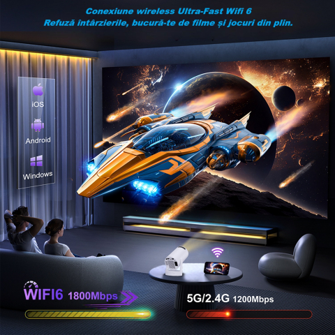 Videoproiector portabil HY300 PRO HD, Smart, 280 ANSI lumeni, Android 11, Wi-Fi 6, Bluetooth 5.0, rezolutie 1280 × 720p HD, suport 4K, conexiuni HDMI si USB, alb [8]