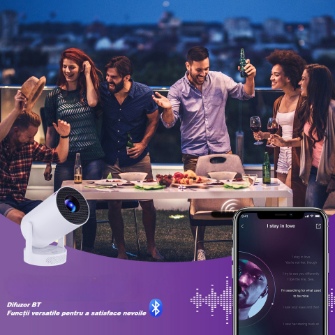 Videoproiector portabil HY300 PRO HD, Smart, 280 ANSI lumeni, Android 11, Wi-Fi 6, Bluetooth 5.0, rezolutie 1280 × 720p HD, suport 4K, conexiuni HDMI si USB, alb [9]