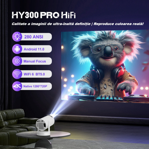 Videoproiector portabil HY300 PRO HD, Smart, 280 ANSI lumeni, Android 11, Wi-Fi 6, Bluetooth 5.0, rezolutie 1280 × 720p HD, suport 4K, conexiuni HDMI si USB, alb [2]