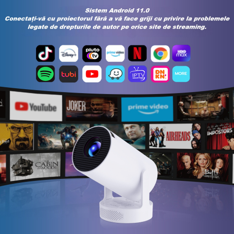 Videoproiector portabil HY300 PRO HD, Smart, 280 ANSI lumeni, Android 11, Wi-Fi 6, Bluetooth 5.0, rezolutie 1280 × 720p HD, suport 4K, conexiuni HDMI si USB, alb [4]