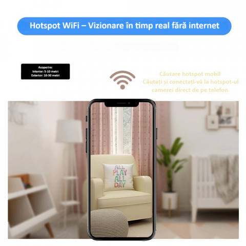 Camera wireless de supraveghere HD mini smart, 1080P, interior/exterior, viziune nocturna IR, detectare miscare, unghi larg, conexiune mobila, hotspot video integrat, consum de energie redus, neagra [18]