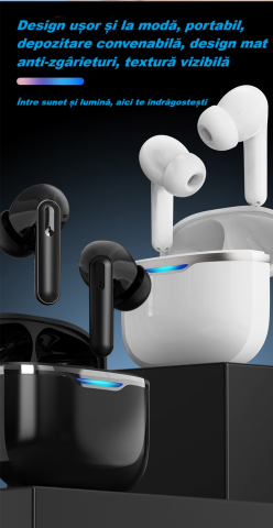 Casti wireless Bluetooth B26, audio, in ear, fara fir, casti Bluetooth 5.3, autonomie 24h, control tactil/smart touch, rezistente la apa IPX4, compatibilitate universala, iOS, Android, albe [9]