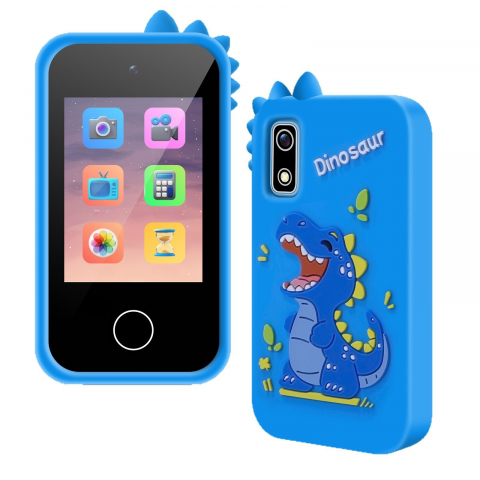 COPII - Telefon inteligent pentru copii A10, 2.8 inch, husa silicon anti-alunecare, jocuri, inregistrare, foto HD 1080P, video, muzica, alarma, calculator, lanterna, educational, incarcare USB-C, albastru
