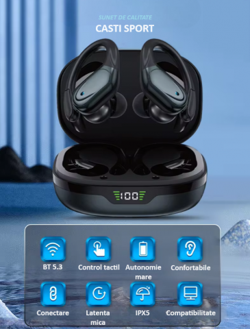 Casti wireless earbuds Bluetooth cu reducere activa hibrida a zgomotului, TWS, in ear, audio, microfon, afisaj digital, Bluetooth 5.3, latenta mica de 40 ms, rezistente la apa, negre [7]
