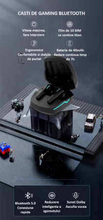 Casti wireless earbuds Bluetooth cu anulare activa a zgomotului, TWS, in-ear, control vocal, Bluetooth, sunet Hi-Fi, latenta de 40 ms, rezistente la apa, design ergonomic si confortabil, negre [5]