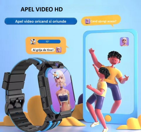 Ceas Smartwatch cu cartela SIM, suport video, rotativ si detasabil, functie de telefon, camera duala HD, purtabil la gat, rezistent la apa, ecran de 1.83", apel video, chat vocal, localizare, albastru [6]