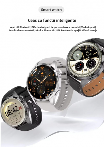 Ceas Smartwatch GT4 PRO+, Sport, Apel bluetooth, Rezistent la apa, Ecran 1.53", Monitorizare activitati fizice, somn, ritm cardiac, pedometru, Incarcare Wireless, Unisex, Android, IOS, argintiu [1]