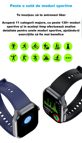 Ceas Smartwatch ET585,ECRAN 2.04", ECG, HRV, glucometru, analiza bioelectrica, monitorizare tensiune, oxigen sange, ritm cardiac, temperatura corp, somn, activitati fizice, apel SOS, pedometru, negru [10]