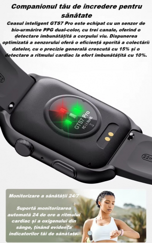 Ceas Smartwatch  GTS7 PRO, Sport, Bluetooth, Rezistent la Apa, Ecran 2.0", Monitorizare Activitati Fizice, Somn, Ritm Cardiac, Pedometru, Incarcare Magnetica, Moduri Sport, Android & iOS, Negru [10]