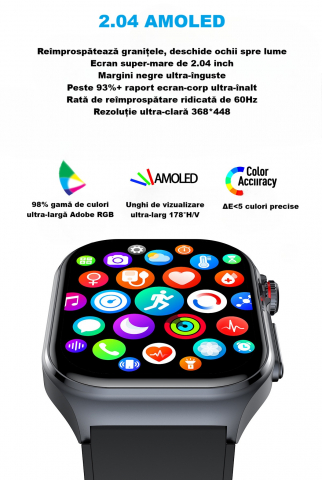 Ceas Smartwatch ET585,ECRAN 2.04", ECG, HRV, glucometru, analiza bioelectrica, monitorizare tensiune, oxigen sange, ritm cardiac, temperatura corp, somn, activitati fizice, apel SOS, pedometru, negru [5]