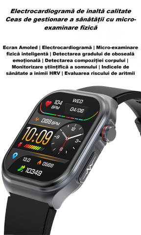Ceas Smartwatch ET585,ECRAN 2.04", ECG, HRV, glucometru, analiza bioelectrica, monitorizare tensiune, oxigen sange, ritm cardiac, temperatura corp, somn, activitati fizice, apel SOS, pedometru, negru [4]