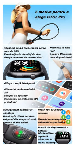 Ceas Smartwatch  GTS7 PRO, Sport, Bluetooth, Rezistent la Apa, Ecran 2.0", Monitorizare Activitati Fizice, Somn, Ritm Cardiac, Pedometru, Incarcare Magnetica, Moduri Sport, Android & iOS, Negru [7]