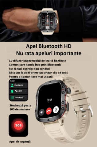 Ceas smartwatch sport, Bluetooth, rezistent la apa, ecran 1.96", cronograf, busola, calendar, monitorizare activitati fizice, somn, ritm cardiac, pedometru, incarcare magnetica, Android, iOS, negru [10]
