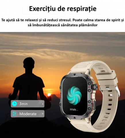 Ceas smartwatch sport, Bluetooth, rezistent la apa, ecran 1.96", cronograf, busola, calendar, monitorizare activitati fizice, somn, ritm cardiac, pedometru, incarcare magnetica, Android, iOS, negru [16]