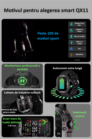 Ceas smartwatch sport, Bluetooth, rezistent la apa, ecran 1.96", cronograf, busola, calendar, monitorizare activitati fizice, somn, ritm cardiac, pedometru, incarcare magnetica, Android, iOS, negru [7]