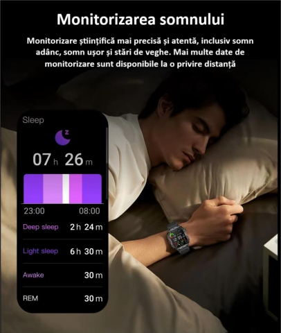 Ceas smartwatch sport, Bluetooth, rezistent la apa, ecran 1.96", cronograf, busola, calendar, monitorizare activitati fizice, somn, ritm cardiac, pedometru, incarcare magnetica, Android, iOS, negru [15]